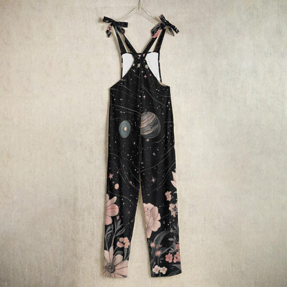 Celestial floral jumpsuit, galaxy print overalls, cosmic boho festival outfit, witchy space clothing for women