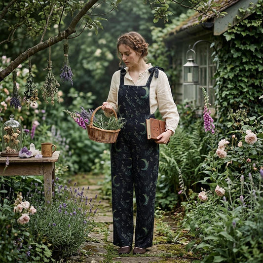 Moon Phase Botanical Jumpsuit, Wide Leg Overalls with Adjustable Straps, Celestial Garden Print Lounge Outfit