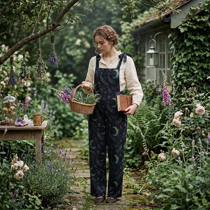 Moon Phase Botanical Jumpsuit, Wide Leg Overalls with Adjustable Straps, Celestial Garden Print Lounge Outfit