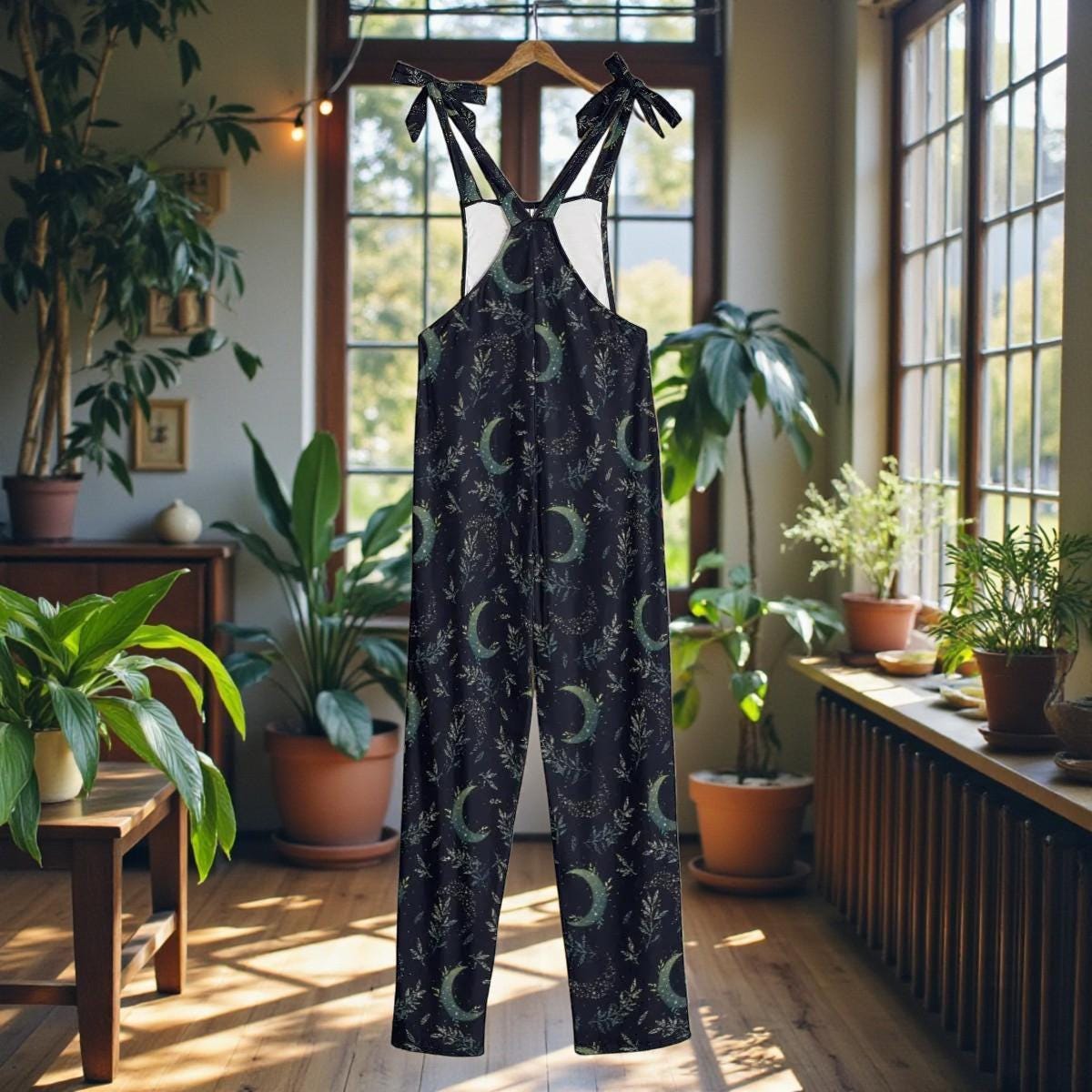 Moon Phase Botanical Jumpsuit, Wide Leg Overalls with Adjustable Straps, Celestial Garden Print Lounge Outfit