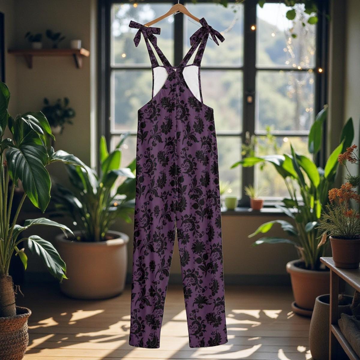 Purple gothic floral dungarees, wide leg overalls, festival fashion, witchy streetwear, dark romantic jumpsuit