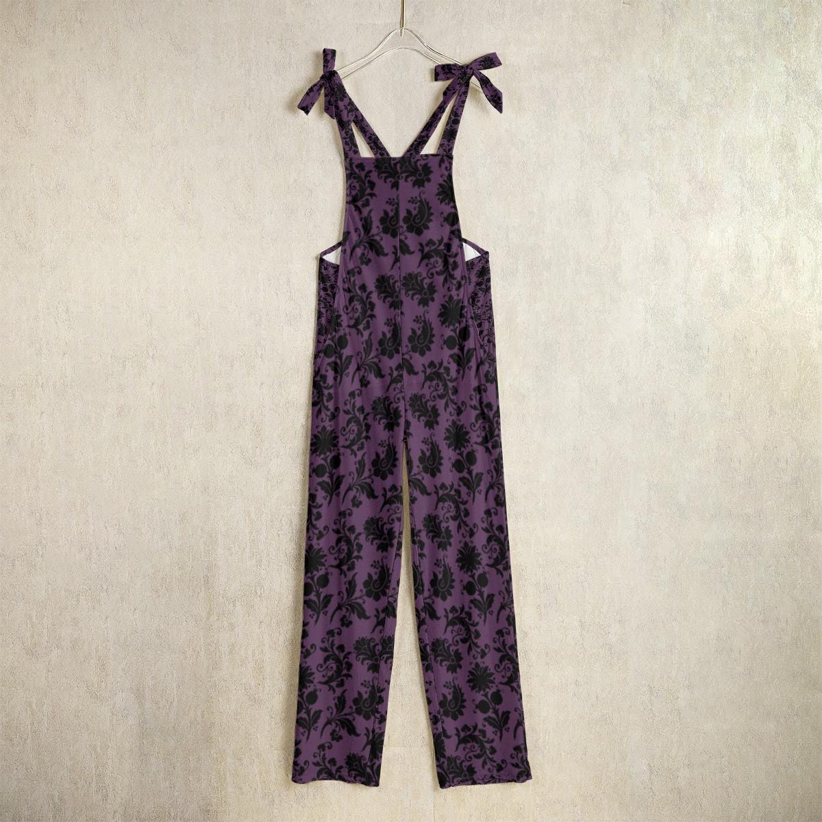 Purple gothic floral dungarees, wide leg overalls, festival fashion, witchy streetwear, dark romantic jumpsuit