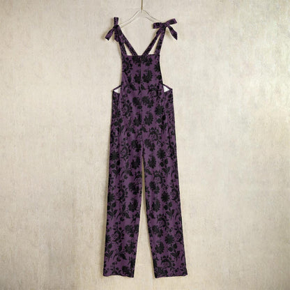 Purple gothic floral dungarees, wide leg overalls, festival fashion, witchy streetwear, dark romantic jumpsuit