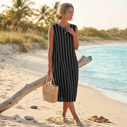 Black Striped Midi Dress, Sleeveless Faux Linen Beach Sundress