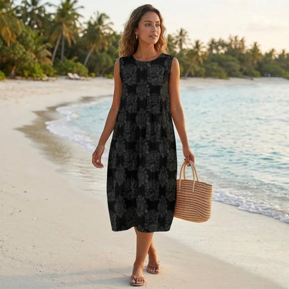 Black Floral Midi Dress, Sleeveless Beach Dress, Vacation Sundress