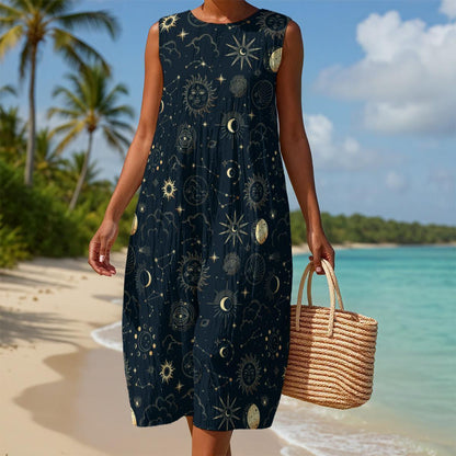 Celestial Midi Dress, Sun Moon Star Print, Faux Linen Beach Cover Up