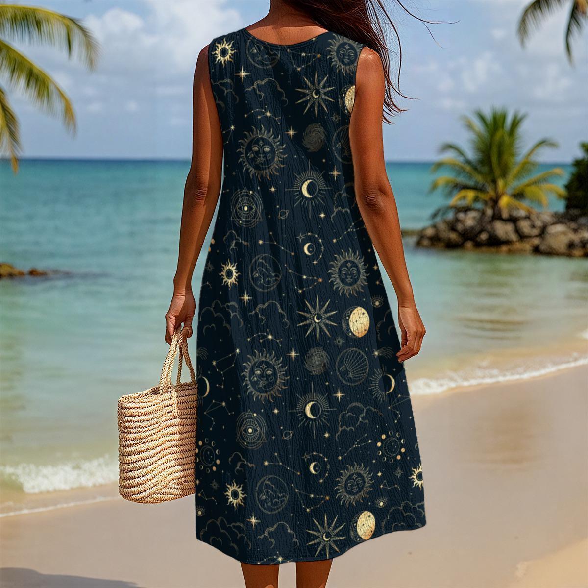Celestial Midi Dress, Sun Moon Star Print, Faux Linen Beach Cover Up