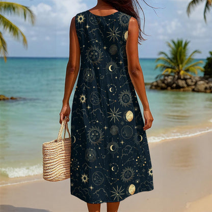 Celestial Midi Dress, Sun Moon Star Print, Faux Linen Beach Cover Up