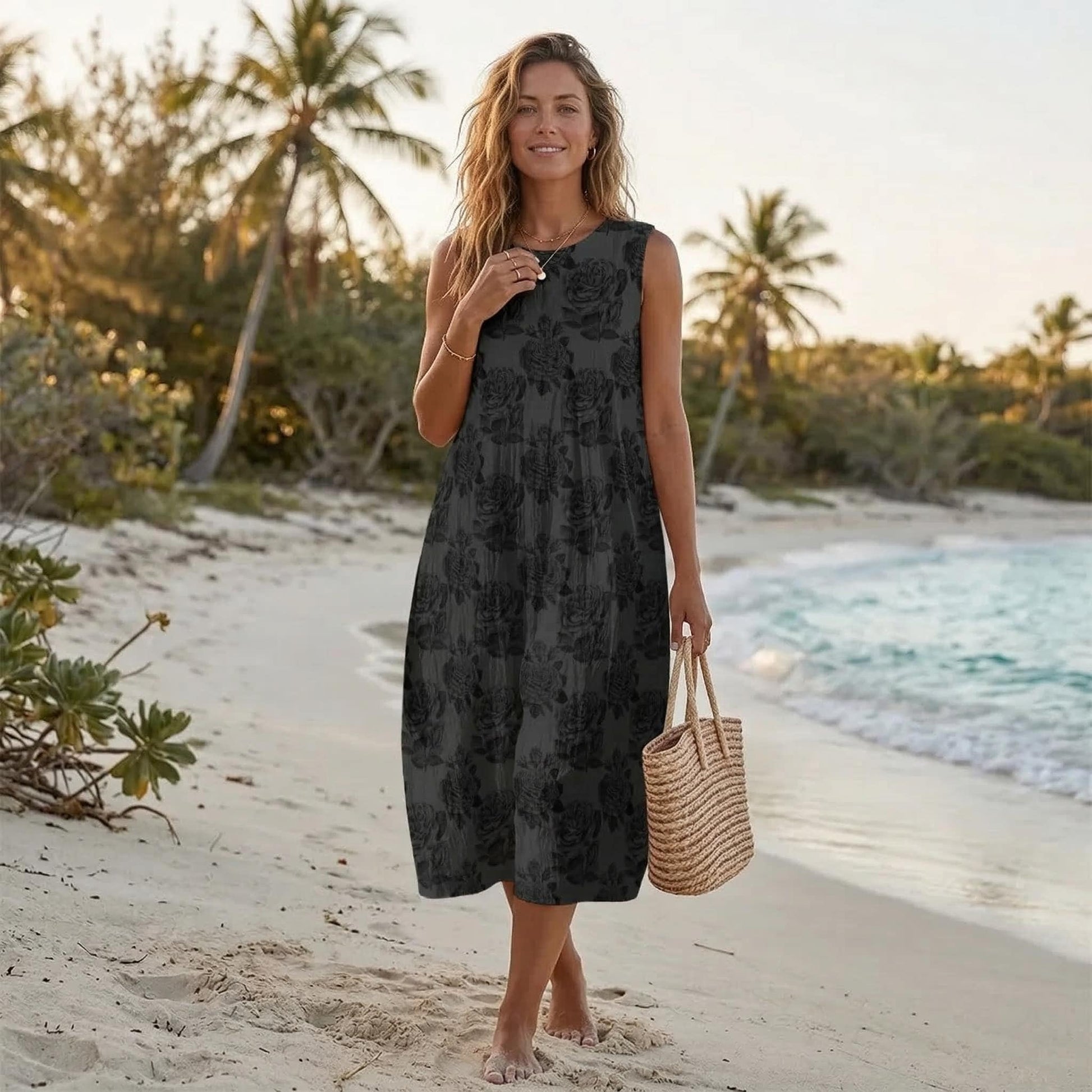 Charcoal Floral Tank Dress, Sleeveless Rose Midi Sundress, Easy Coastal Vacation Outfit for Women