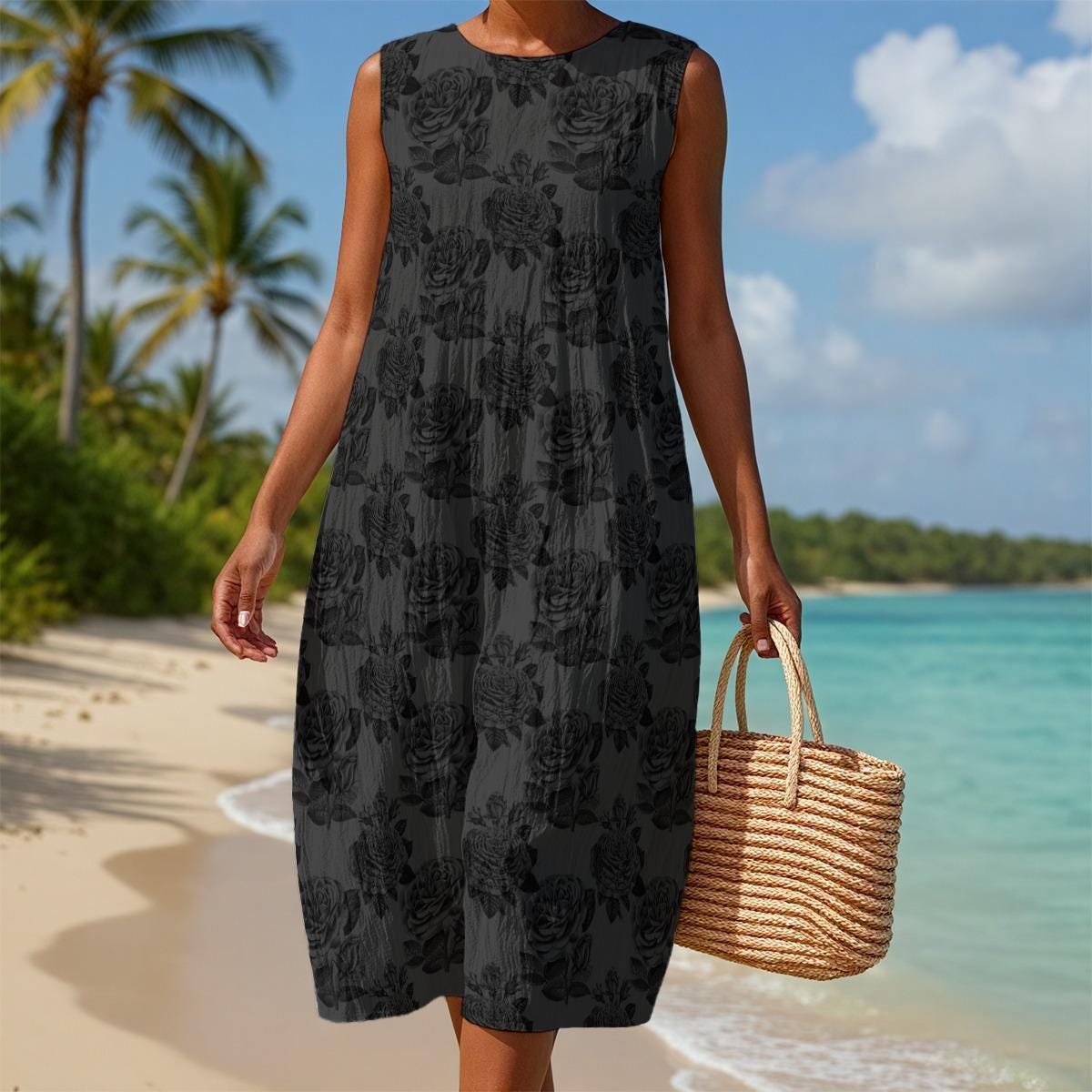 Charcoal Floral Tank Dress, Sleeveless Rose Midi Sundress, Easy Coastal Vacation Outfit for Women