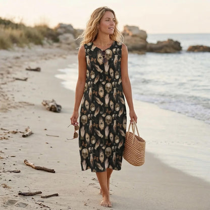 Occult midi dress, skull print sleeveless sundress, dark boho beach outfit