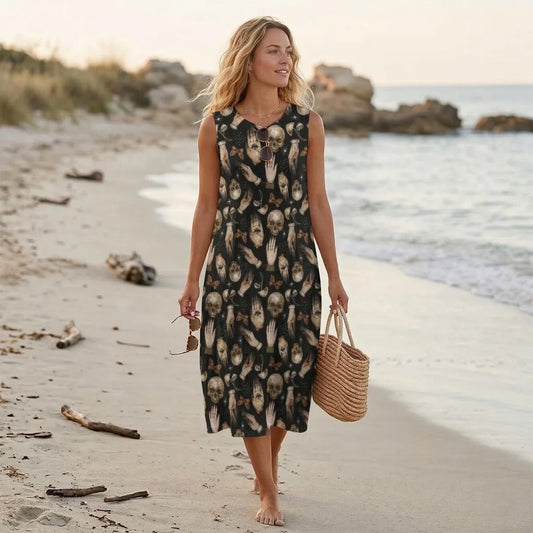 Occult midi dress, skull print sleeveless sundress, dark boho beach outfit