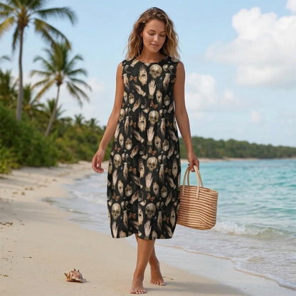 Occult midi dress, skull print sleeveless sundress, dark boho beach outfit