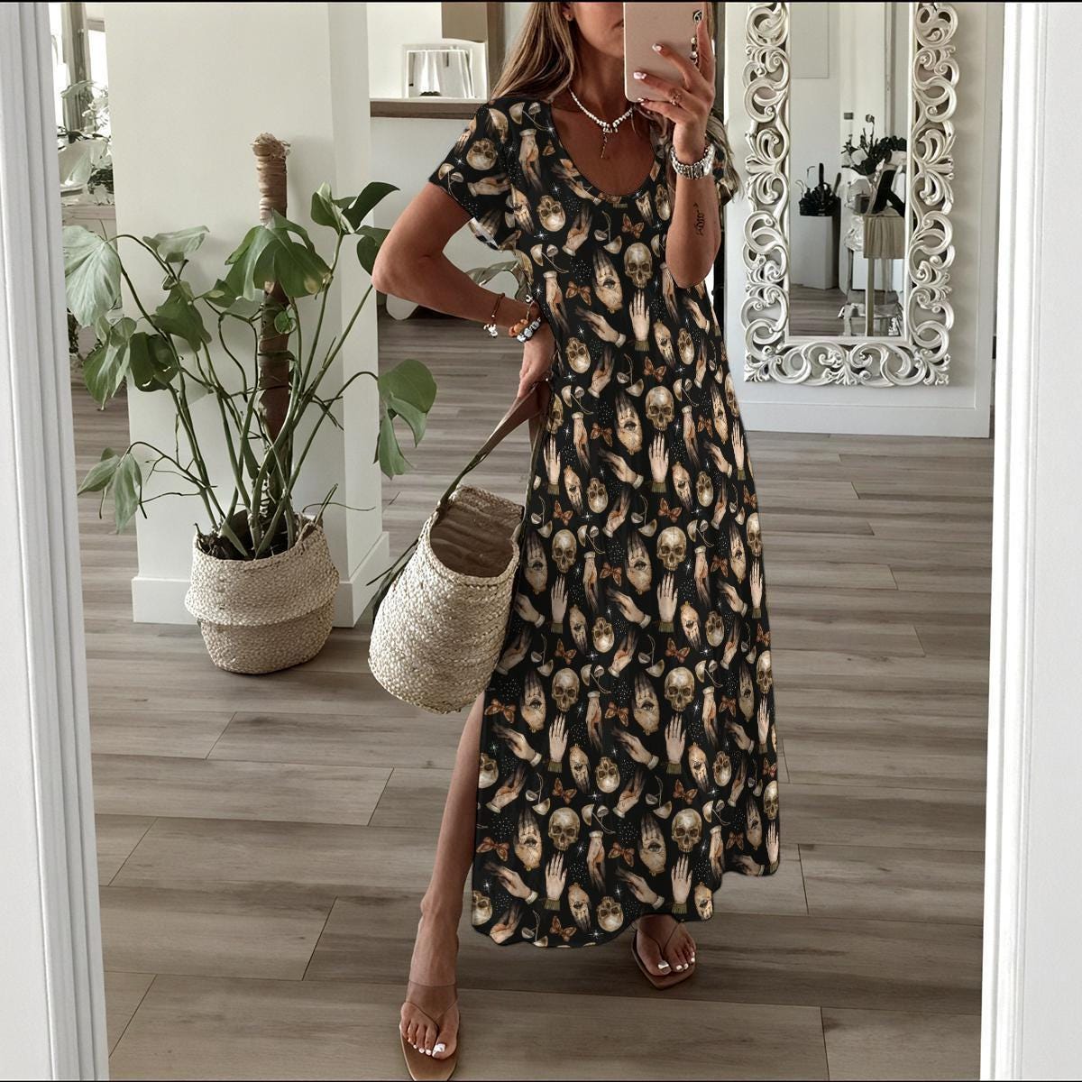 Oddities Maxi Dress, Skull Hand Print Cottagecore Gown, Dark Boho Everyday Style