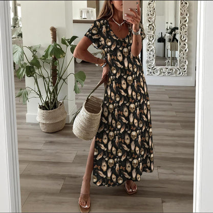 Oddities Maxi Dress, Skull Hand Print Cottagecore Gown, Dark Boho Everyday Style