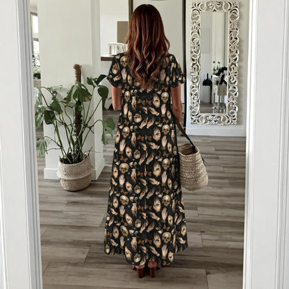 Oddities Maxi Dress, Skull Hand Print Cottagecore Gown, Dark Boho Everyday Style
