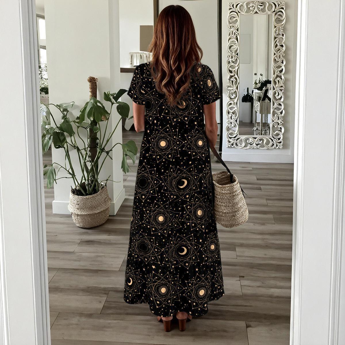 Astrology Maxi Dress, Sun Moon Boho Dress, Black V Neck Mystic Gown