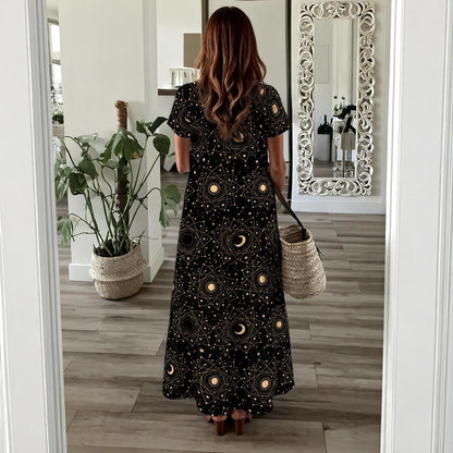 Astrology Maxi Dress, Sun Moon Boho Dress, Black V Neck Mystic Gown
