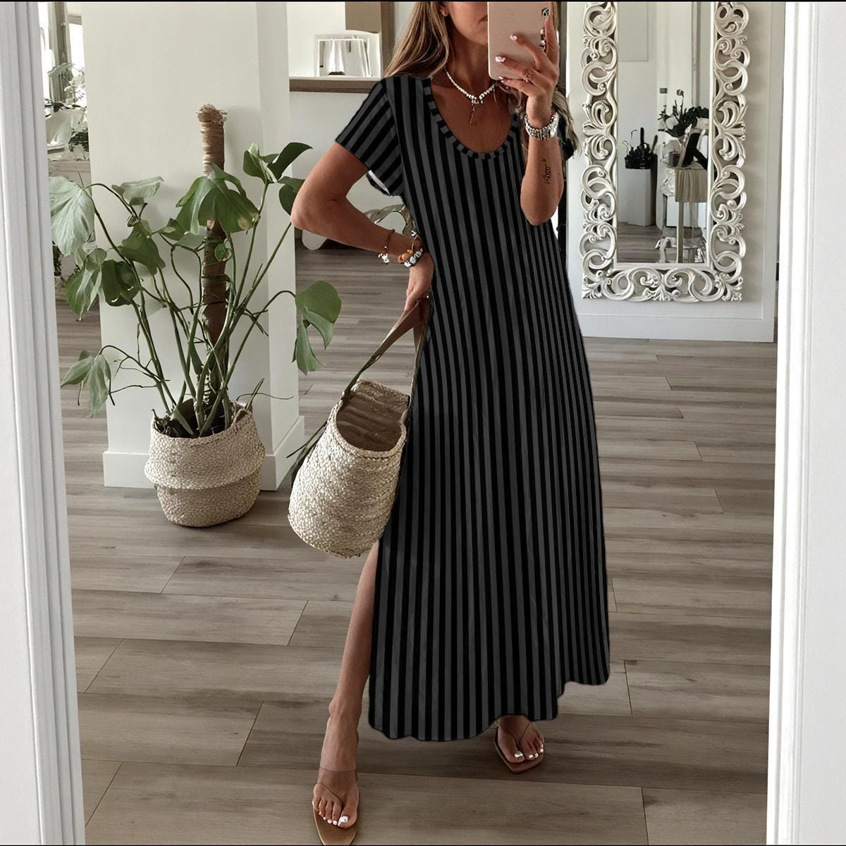 Black Striped Maxi Dress, Side Slit Summer Dress, Scoop Neck Casual Resort Dress