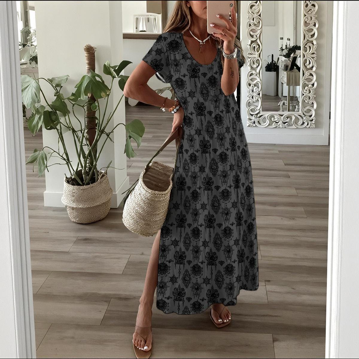 Gothic Maxi Dress, Witchy Summer Lounge Dress, Vintage Charcoal Boho House Dress