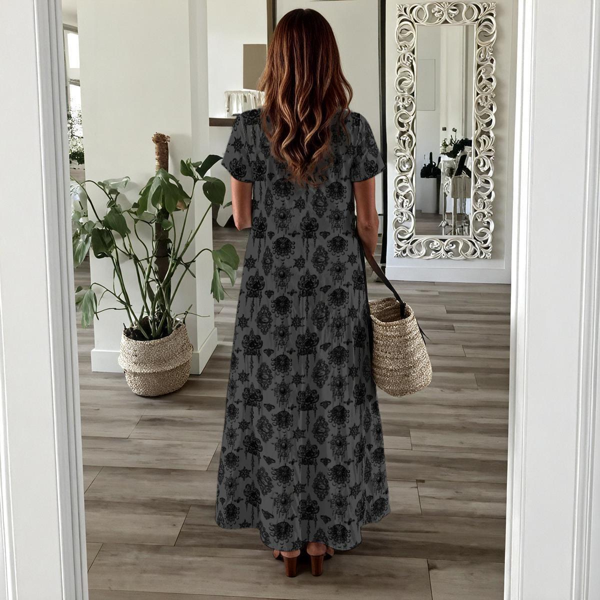 Gothic Maxi Dress, Witchy Summer Lounge Dress, Vintage Charcoal Boho House Dress