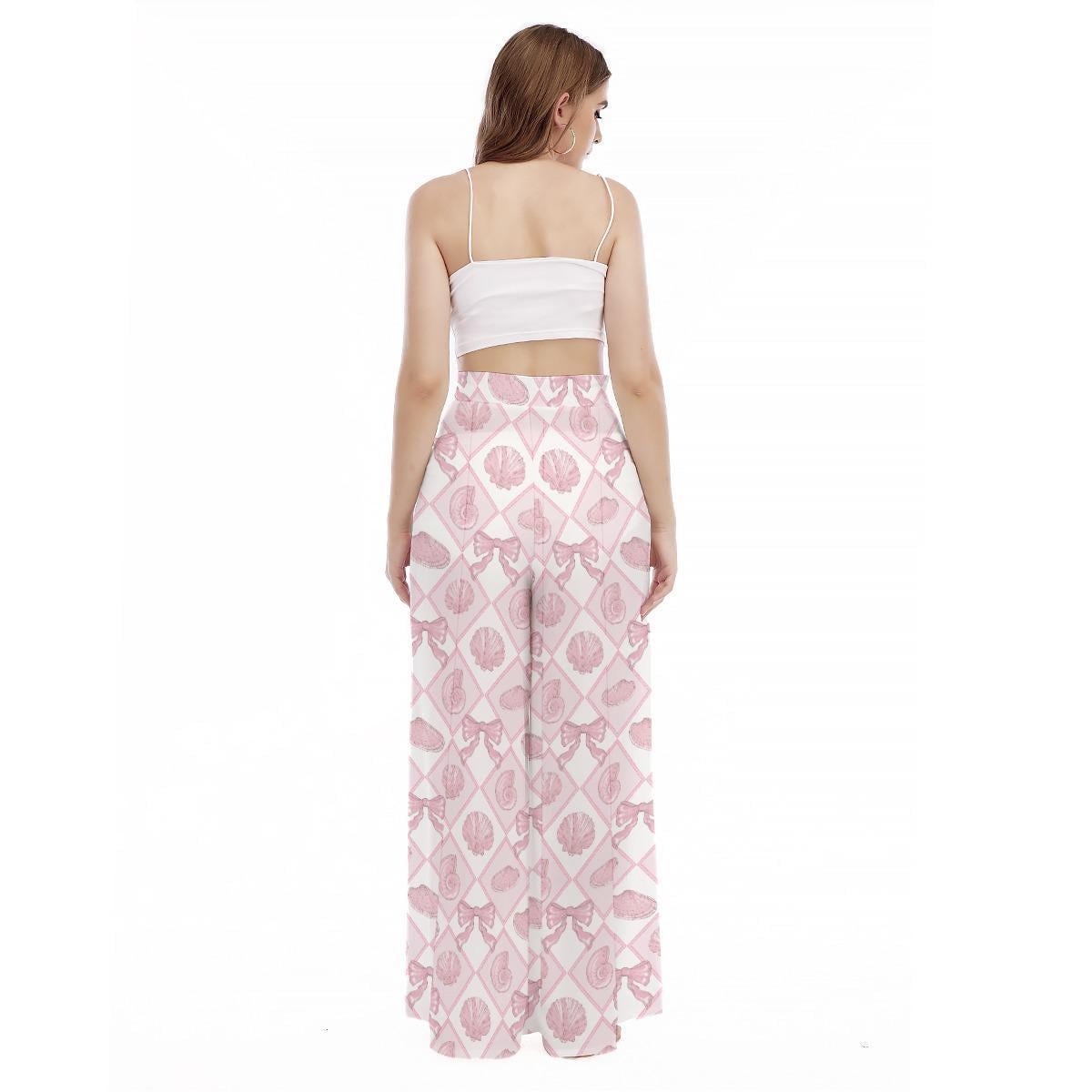 Coquette Shell Palazzo Pants, Pink Bow Beach Trousers, Wide Leg Resort Vacation Pants