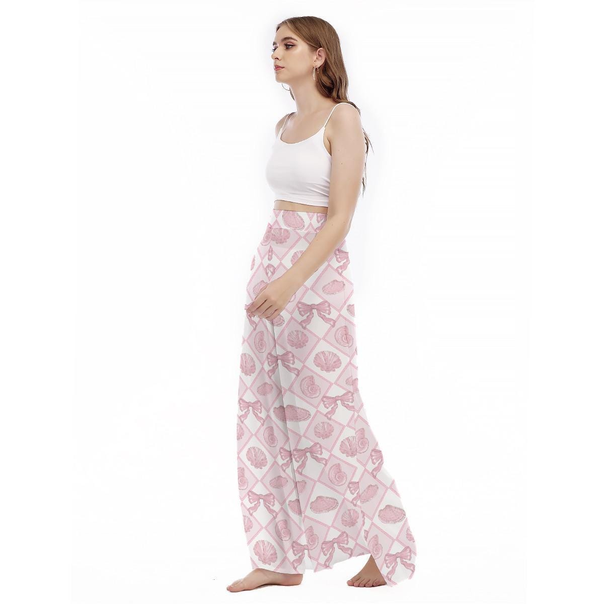 Coquette Shell Palazzo Pants, Pink Bow Beach Trousers, Wide Leg Resort Vacation Pants
