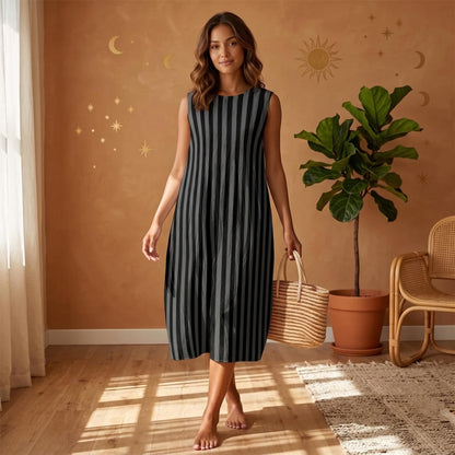 Black Striped Midi Dress, Sleeveless Faux Linen Beach Sundress