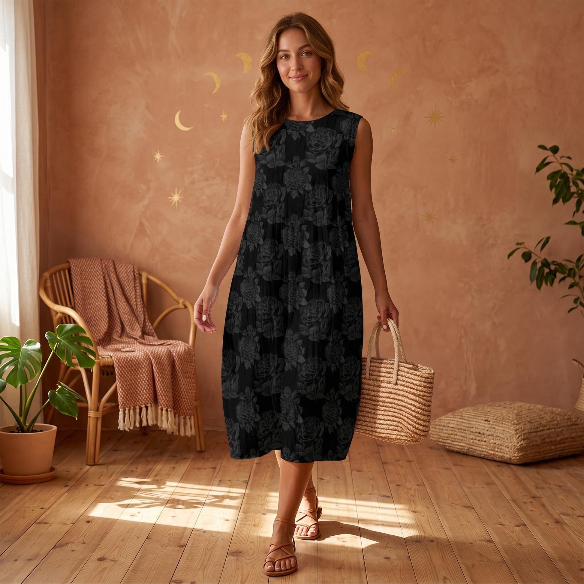 Black Floral Midi Dress, Sleeveless Beach Dress, Vacation Sundress