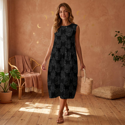Black Floral Midi Dress, Sleeveless Beach Dress, Vacation Sundress