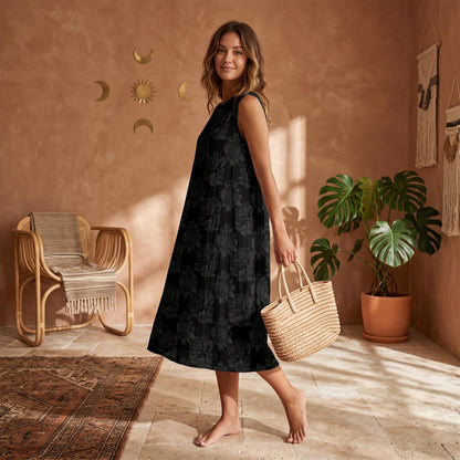 Black Floral Midi Dress, Sleeveless Beach Dress, Vacation Sundress