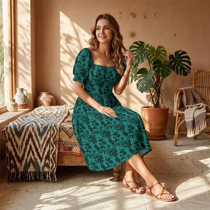 Teal Black Brocade Dress