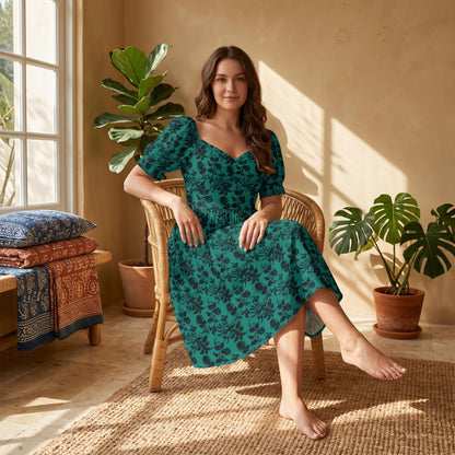 Teal Black Brocade Dress
