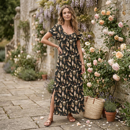 Oddities Maxi Dress, Skull Hand Print Cottagecore Gown, Dark Boho Everyday Style