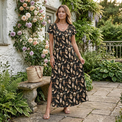 Oddities Maxi Dress, Skull Hand Print Cottagecore Gown, Dark Boho Everyday Style