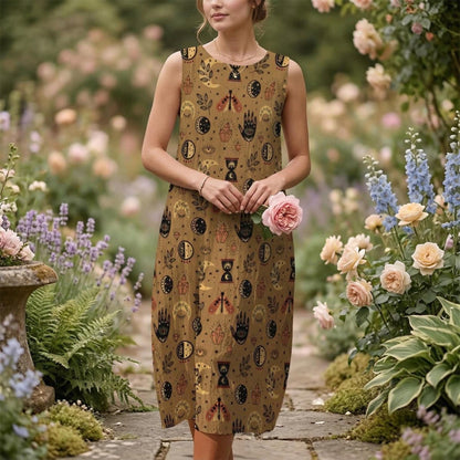 Sleeveless Tarot Print Shift Dress, Hamsa Hand Pattern, Mystic Festival Outfit