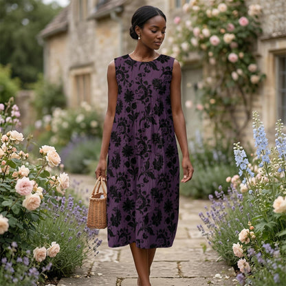 Gothic Floral Midi Dress, Plum Damask Sleeveless Dress, Dark Cottagecore Garden Outfit