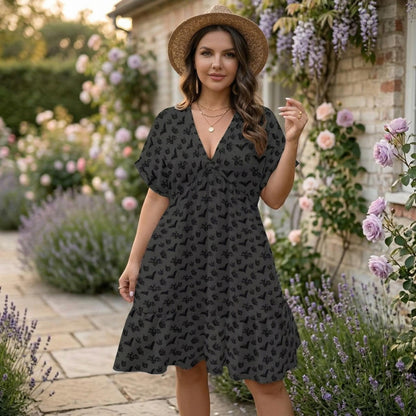 Bat Print Babydoll Dress, Halloween Mini Dress, Gothic V Neck Smock Dress for Women