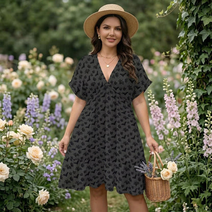 Bat Print Babydoll Dress, Halloween Mini Dress, Gothic V Neck Smock Dress for Women