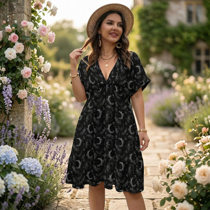Black Moon Phase Midi Dress, Celestial Botanical Tiered Boho Outfit