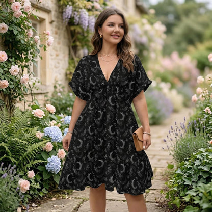 Black Moon Phase Midi Dress, Celestial Botanical Tiered Boho Outfit