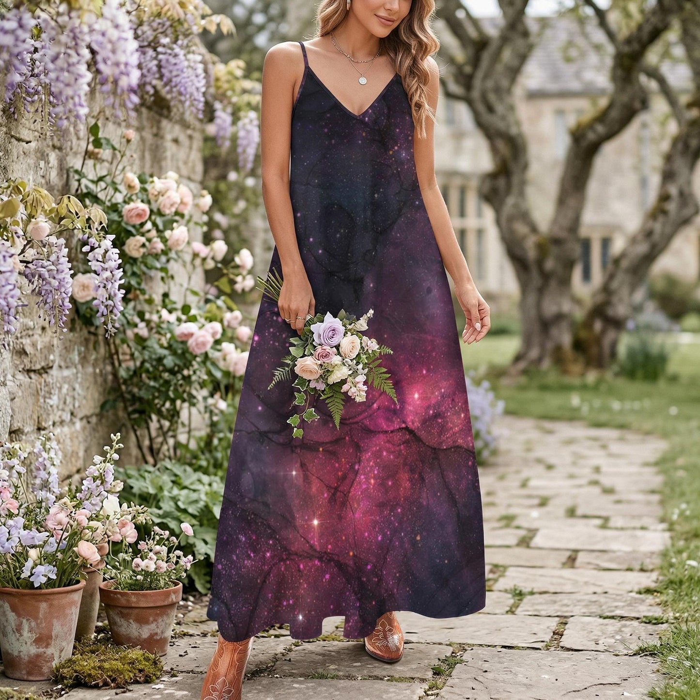 Purple Galaxy Cami Maxi Dress, Celestial Spaghetti Strap Sundress, Cosmic Boho Outfit for Women