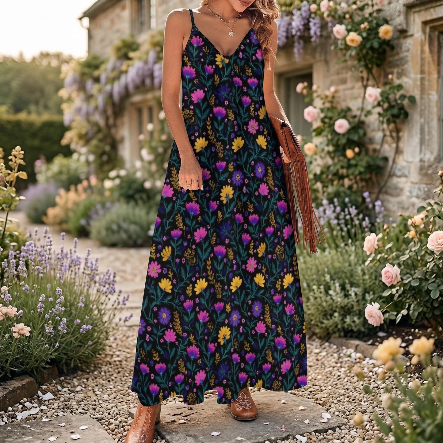 Wildflower Maxi Dress, Garden Party Sundress, Boho Meadow Slip Dress for Women