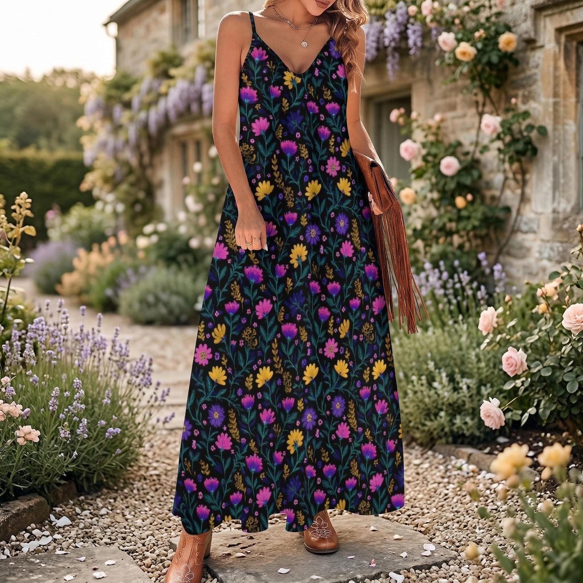 Wildflower Maxi Dress, Garden Party Sundress, Boho Meadow Slip Dress for Women