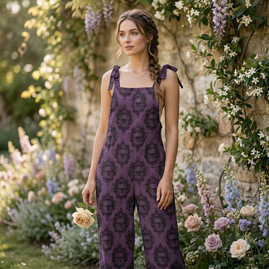 Purple skull jumpsuit, gothic wide-leg overalls, witchy festival romper, occult streetwear, casual alternative dungarees