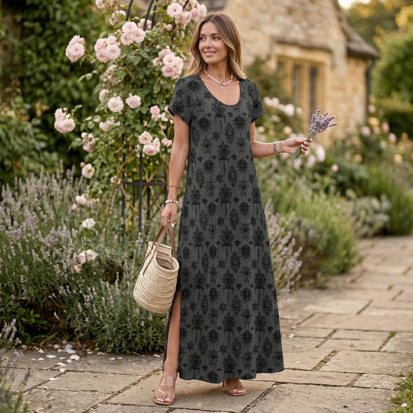 Gothic Maxi Dress, Witchy Summer Lounge Dress, Vintage Charcoal Boho House Dress