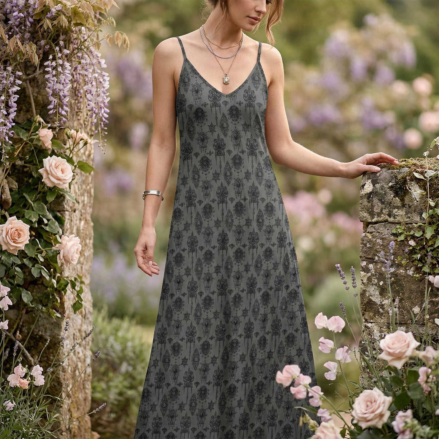 Gothic Slip Dress, Gray Damask Maxi Sundress, Dark Academia Summer Dress