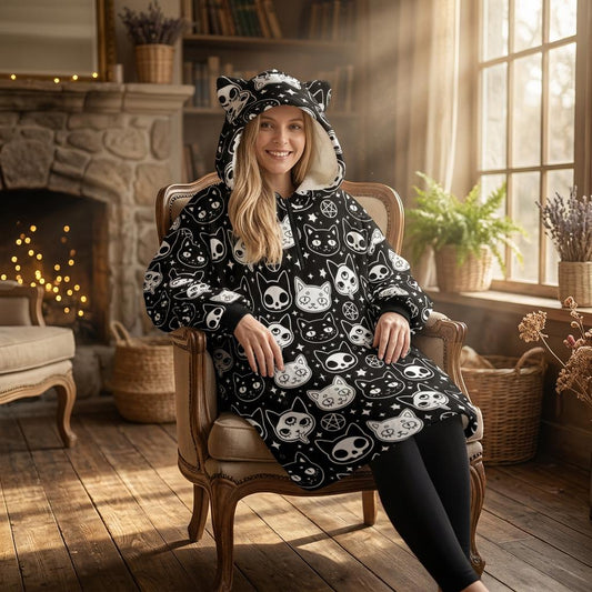 Wearable Blanket Hoodie, Cat Ear Hooded Blanket, Gothic Cat Loungewear Gift