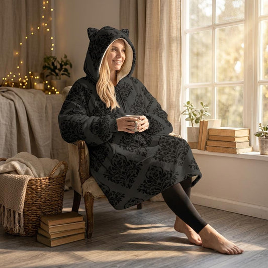 Cat Ear Wearable Blanket Hoodie, Goth Damask Lounger, Cozy Reading Hooded Blanket