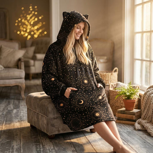 Wearable Blanket Hoodie, Cat Ear Lounge Dress, Starry Moon Hooded Housewear